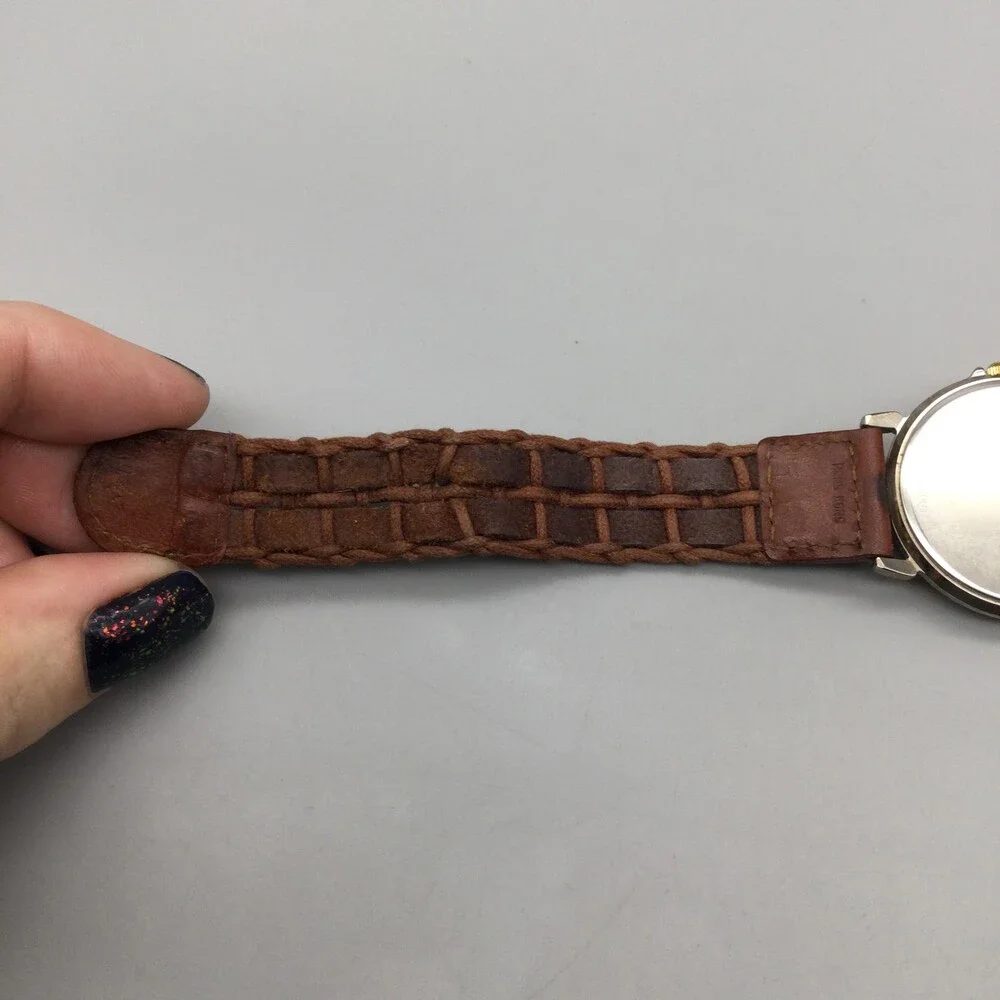 SAP Mens Watch 33mm Black SAP Logo Dial Brown Leather Strap Two Tone New Battery